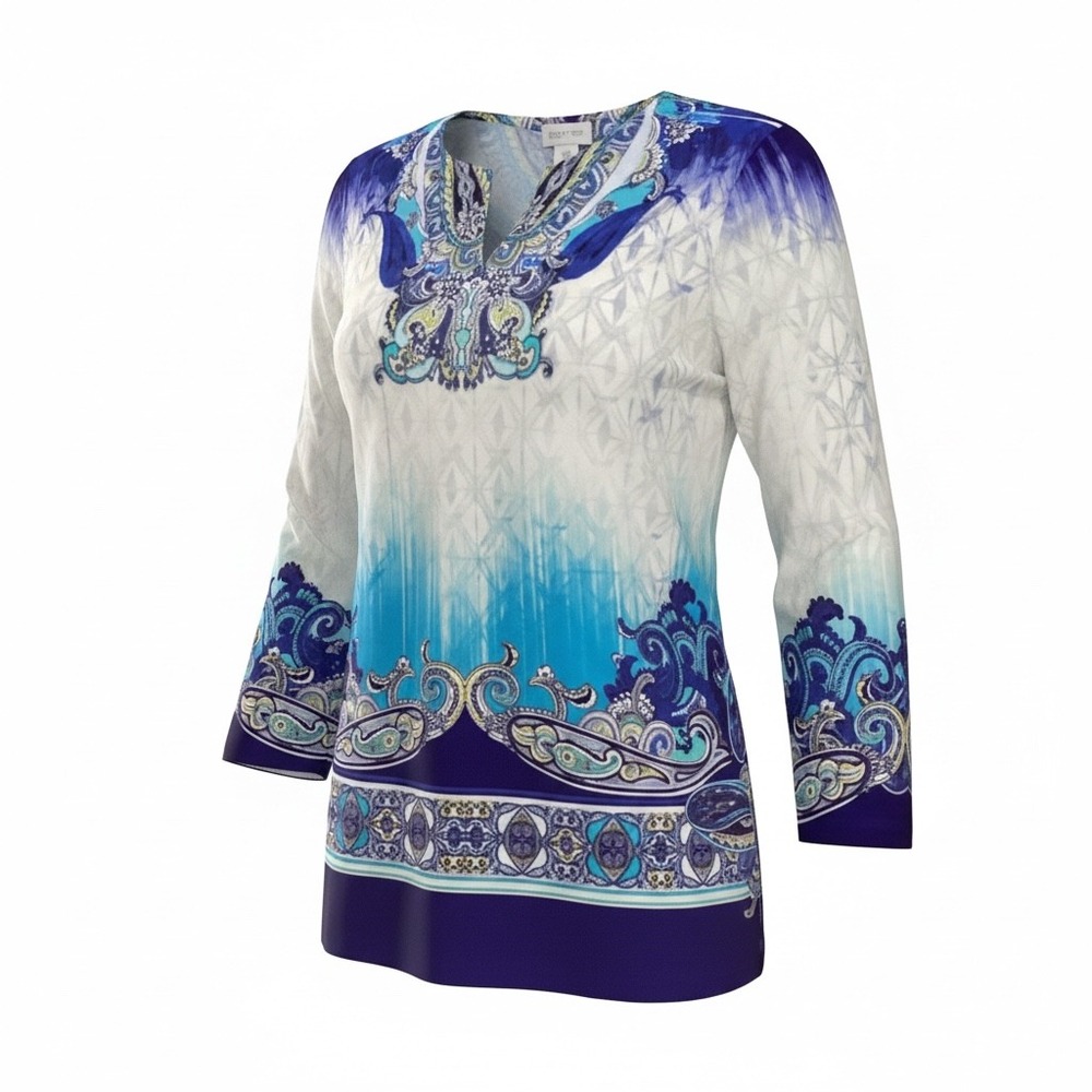 Zenergy by Chicos Blue Paisley Medallion Tunic Top 3/4 Sleeve Size 0 XS-S